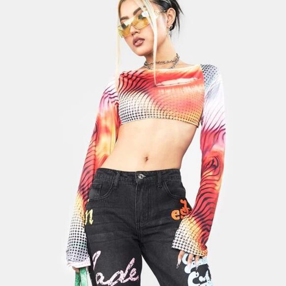 Dolls Kill Jaded London Y2K Lips Print Backless Long Sleeve Top Size 2 - Picture 1 of 13